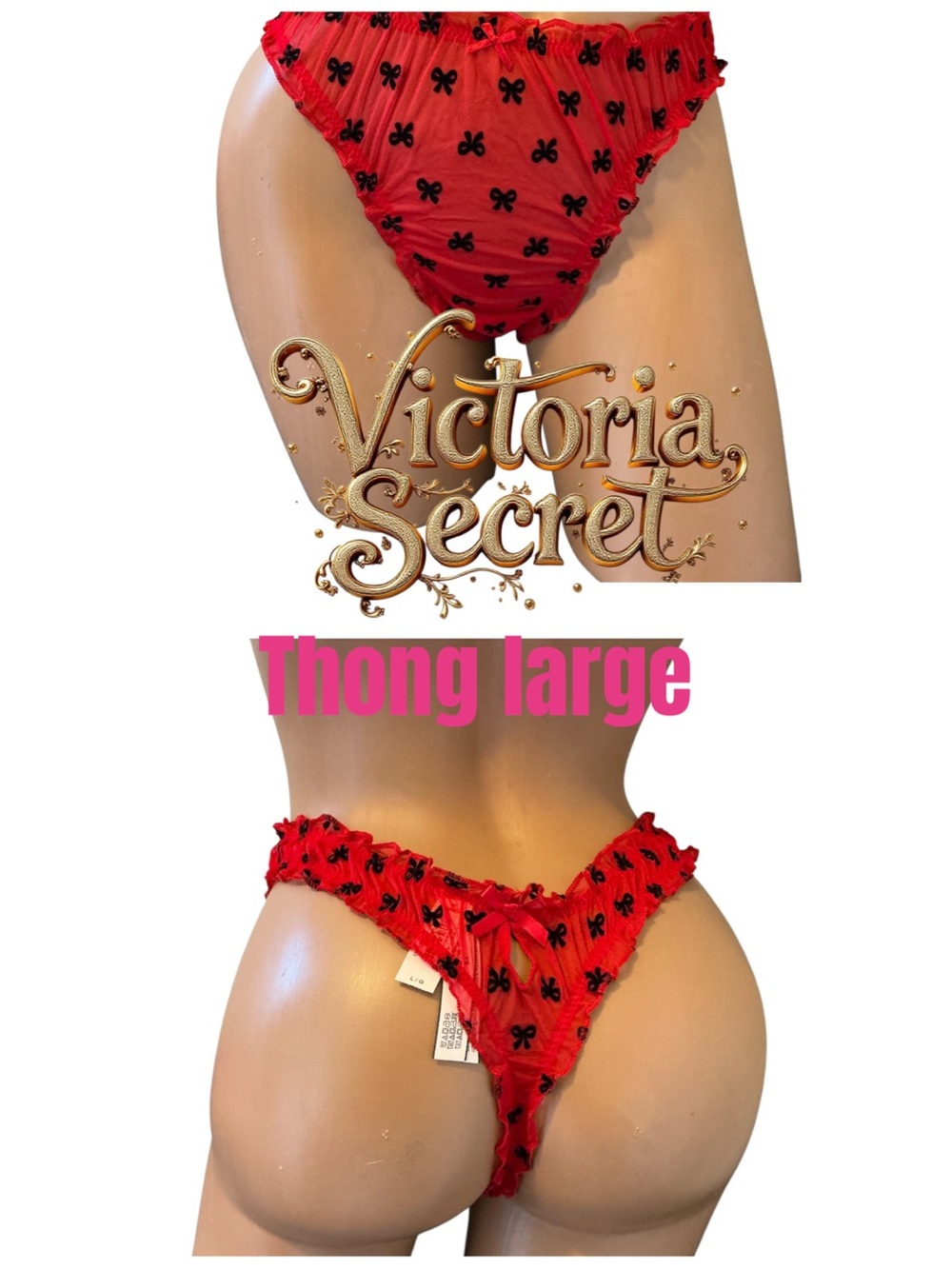 Victoria's Secret Red Thong with Black Bow Accents - Large